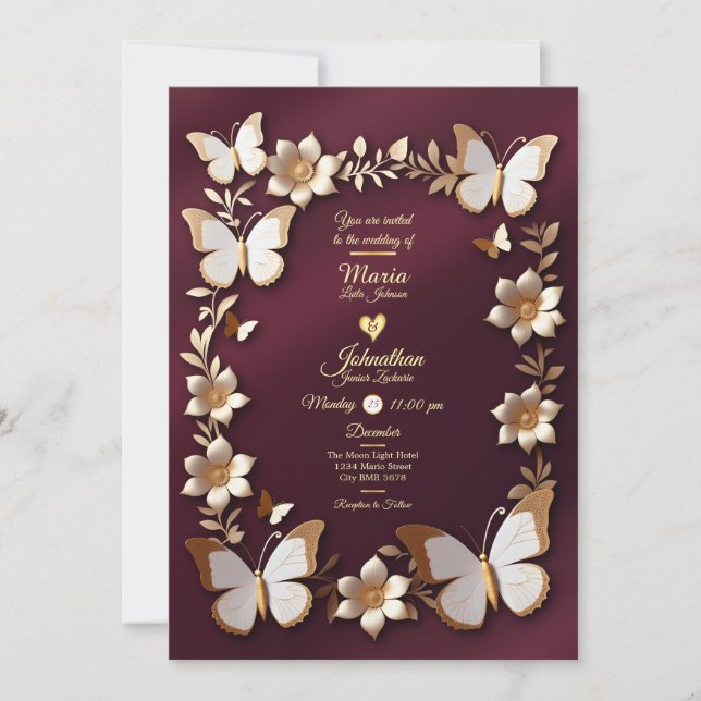 Eine goldene und bordeauxrote Hochzeitskarte Einladung (Vorderseite)