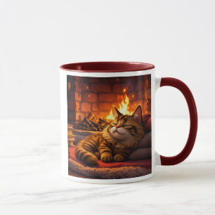 Eine graue Katze schläft friedlich auf einem Teppi Tasse