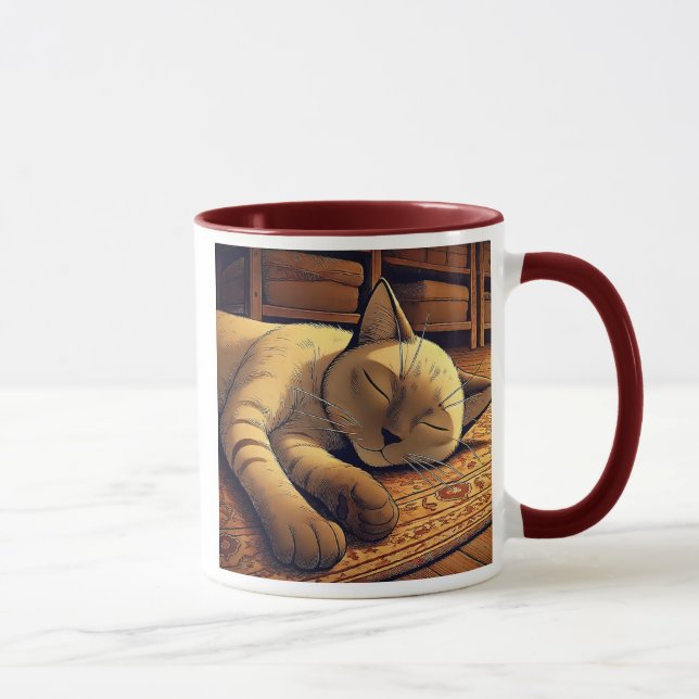 Eine graue Katze schläft in einem Cosy-Salon. Tasse (Rechts)