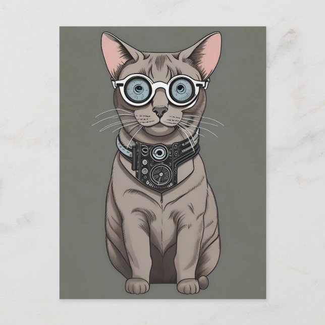 Eine graue Steampunk-Katze Postkarte (Vorderseite)