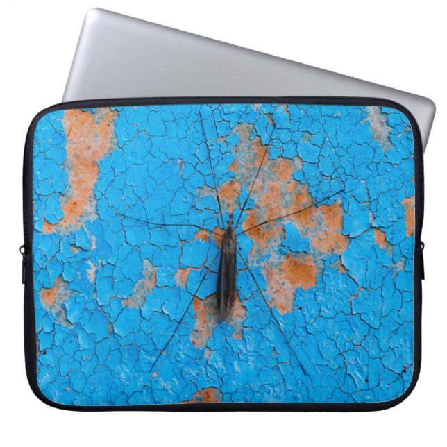 Eine große Moskito sitzt auf einer blauen, alten,  Laptopschutzhülle (Vorderseite)