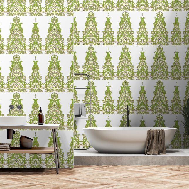 eine grüne und weiße Tapete mit verziertem Design (Badezimmer)