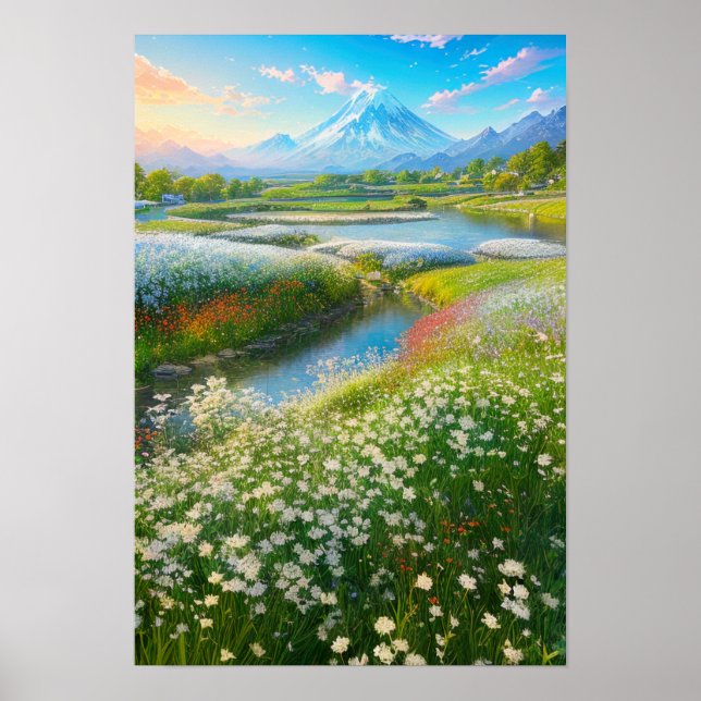 Eine grüne Wiese blüht in Weiß Poster (Vorne)