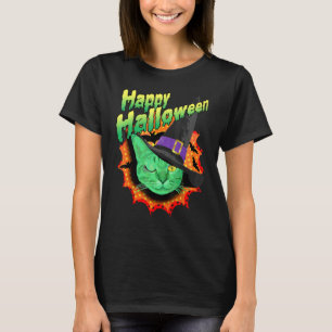 Eine grüne zwinkernden Katze sagt Frohes Halloween T-Shirt