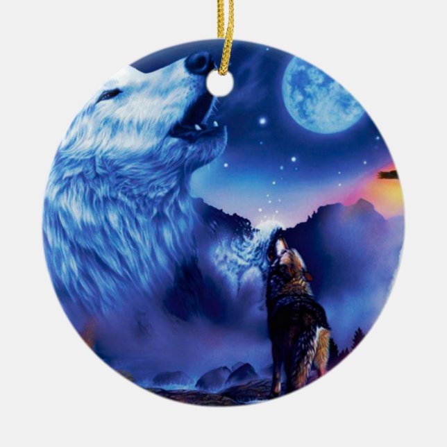 Eine Gruppe Wölfe in einer dunklen Nacht Keramik Ornament (Vorne)