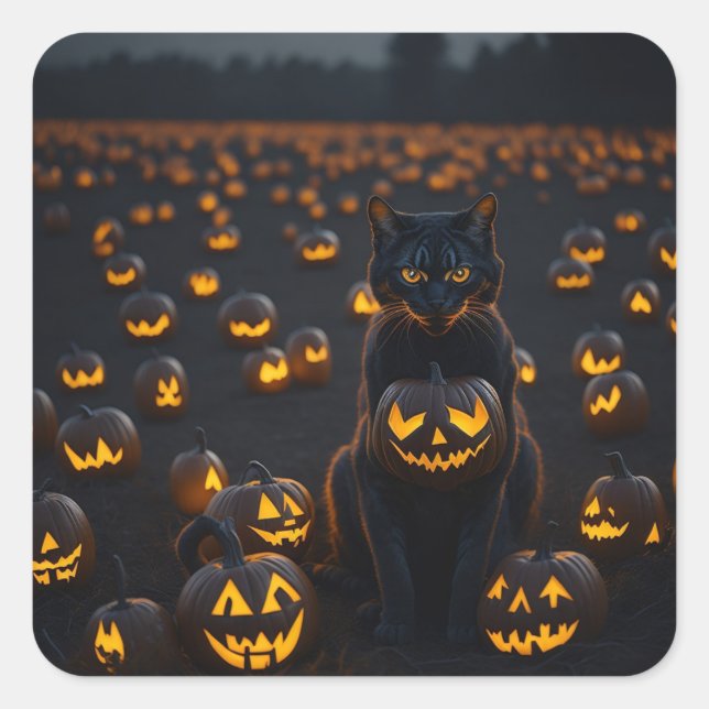 Eine Halloween-Katze mit einem leuchtenden Kürbis Quadratischer Aufkleber (Vorderseite)