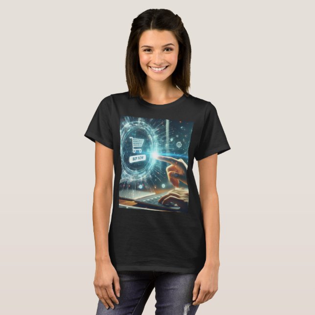 eine Hand benutzt einen Finger, um einen Warenkorb T-Shirt (Vorne ganz)