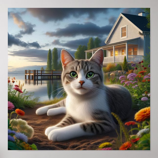 Eine häusliche Kurzkatze in ländlicher Umgebung Poster (Vorne)