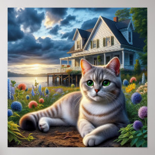 Eine häusliche Kurzkatze in ländlicher Umgebung Poster