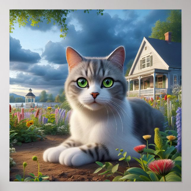 Eine häusliche Kurzkatze in ländlicher Umgebung Poster (Vorne)