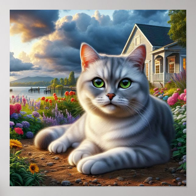 Eine häusliche Kurzkatze in ländlicher Umgebung Poster (Vorne)