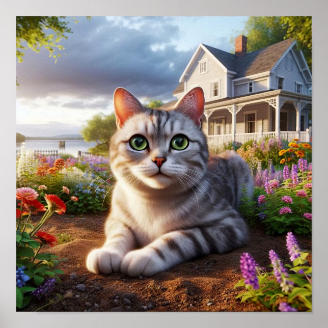 Eine häusliche Kurzkatze in ländlicher Umgebung Poster (Vorne)