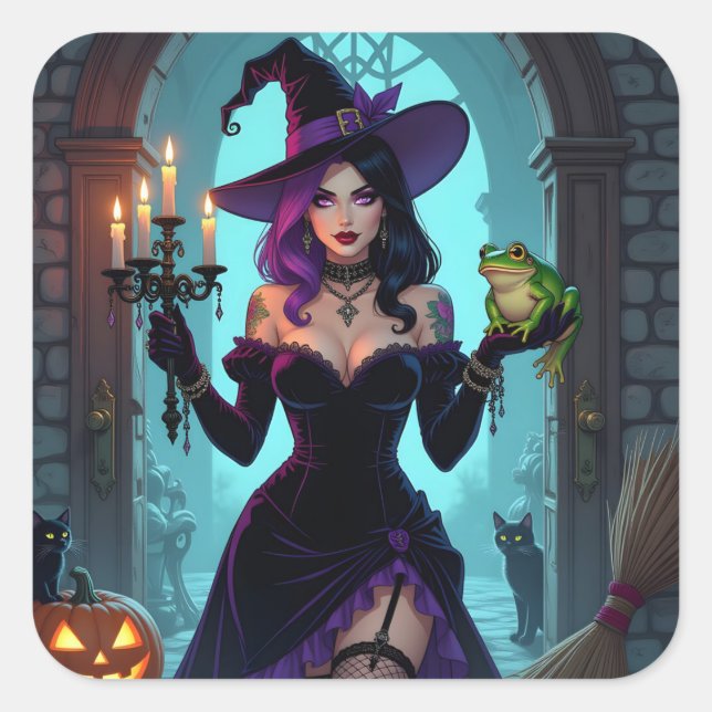 Eine Hexe, ein Candelabra und ein FroschHalloween Quadratischer Aufkleber (Vorderseite)