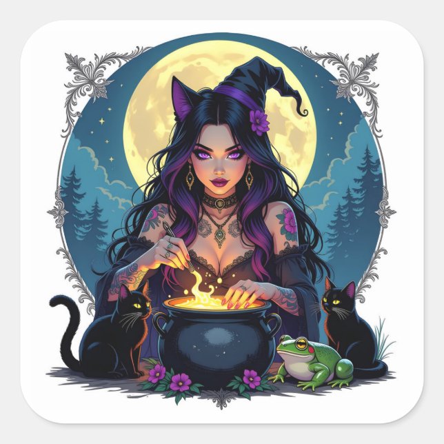 Eine Hexe, eine schwarze Katze und ein FroschHallo Quadratischer Aufkleber (Vorderseite)