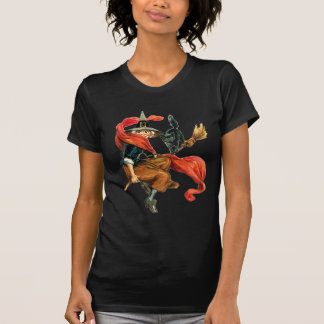 Eine Hexe fliegt mit ihrer schwarzen Katze auf ihr T-Shirt