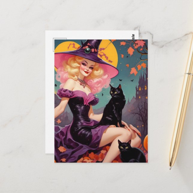 Eine Hexe mit ihren schwarzen Katzen Postkarte (Vorderseite/Rückseite Beispiel)