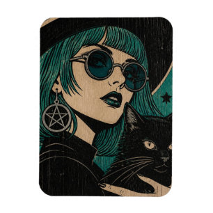 Eine Hexe mit ihrer schwarzen Katze Holzschnitt Magnet