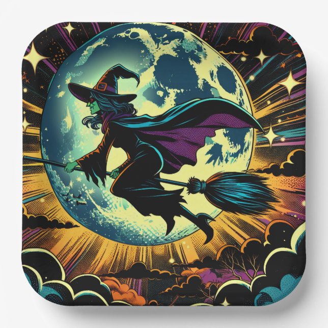 Eine Hexe und ein Vollmond-Halloween-Party Pappteller (Vorderseite)