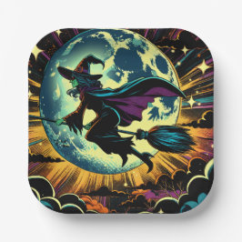 Eine Hexe und ein Vollmond-Halloween-Party Pappteller