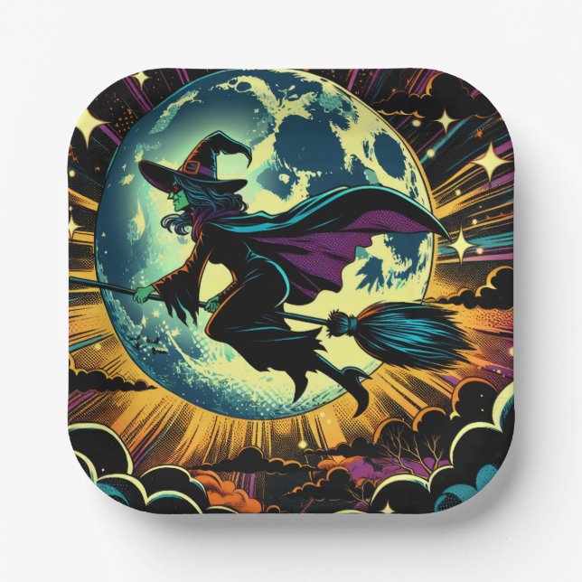 Eine Hexe und ein Vollmond-Halloween-Party Pappteller (Vorderseite)