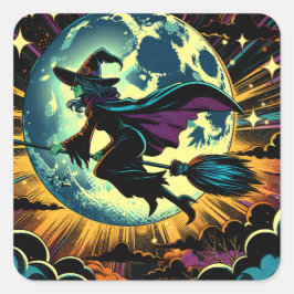 Eine Hexe und ein Vollmond-Halloween-Party Quadratischer Aufkleber
