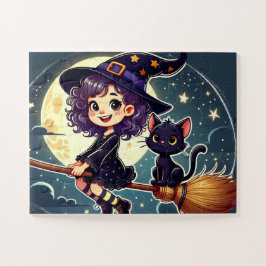 Eine Hexe und eine Katze auf einem Besenpuzzle
