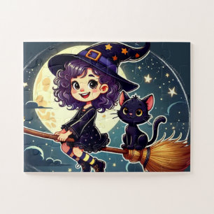 Eine Hexe und eine Katze auf einem Besenpuzzle