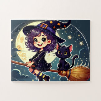 Eine Hexe und eine Katze auf einem Besenpuzzle