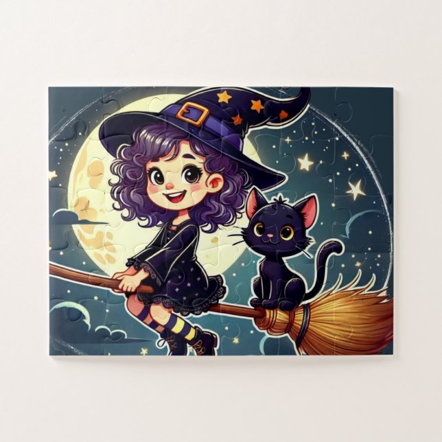 Eine Hexe und eine Katze auf einem Besenpuzzle (Horizontal)