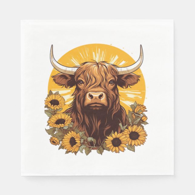 Eine Hochlandkuh-Illustration mit Sonnenblumen-Kla Serviette (Vorderseite)