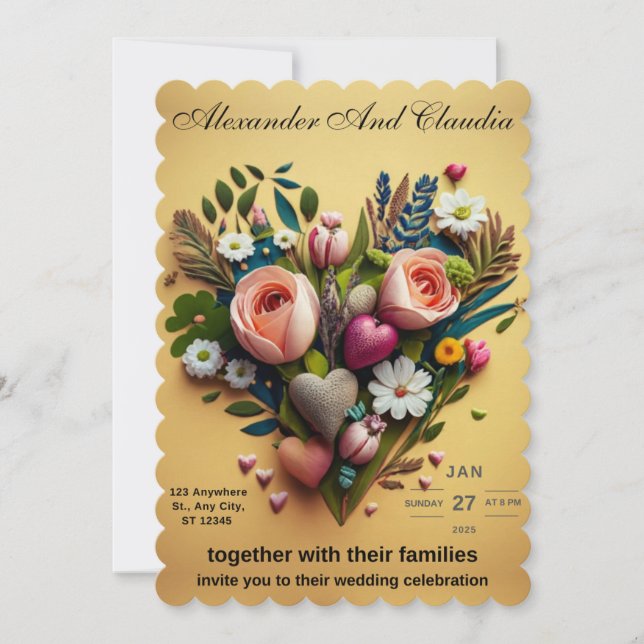 Eine Hochzeitseinladung aus Blume und Herzen (Vorderseite)