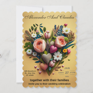 Eine Hochzeitseinladung aus Blume und Herzen