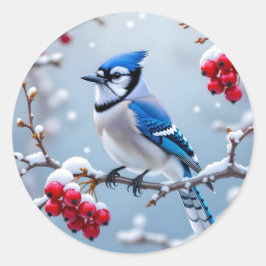 Eine Hübsche Blue Jay auf einer Schneeballweihnach Runder Aufkleber