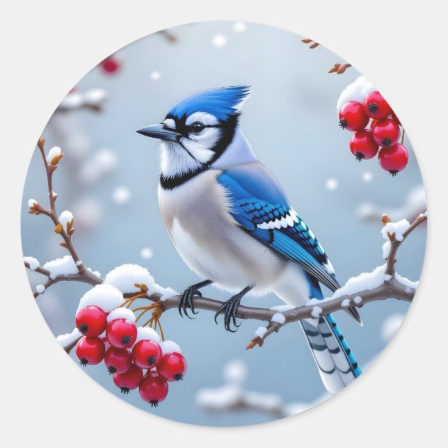 Eine Hübsche Blue Jay auf einer Schneeballweihnach Runder Aufkleber (Vorderseite)