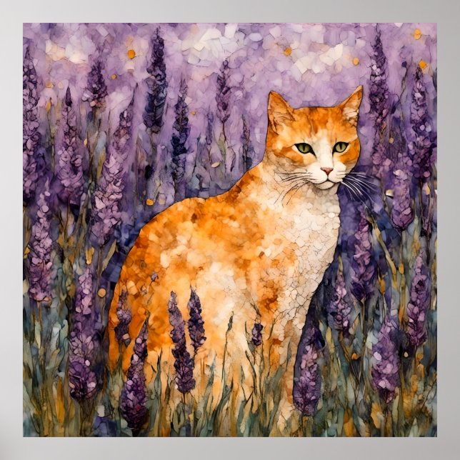 Eine hübsche Ingwerkatze auf einem Lavendelfeld Poster (Vorne)