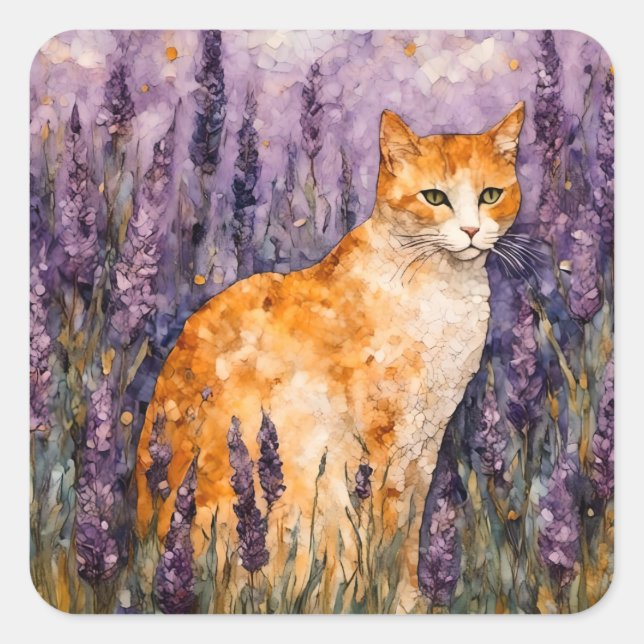 Eine hübsche Ingwerkatze auf einem Lavendelfeld Quadratischer Aufkleber (Vorderseite)
