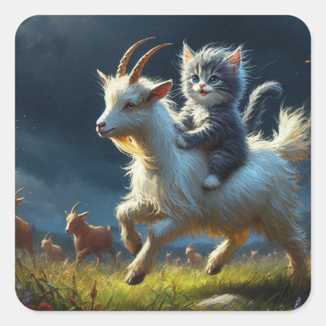 Eine hübsche Katze, die eine Ziege reitet Quadratischer Aufkleber (Vorderseite)
