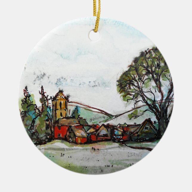 Eine idyllische britische Dorfskizze Keramik Ornament (Vorne)