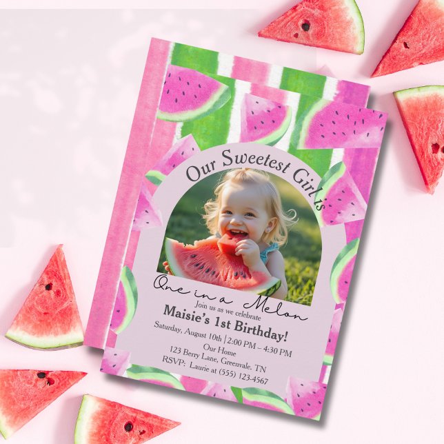 Eine in einem Melon-Foto Pink Watermelon Geburtsta Einladung (One in a Melon Photo Pink Watermelon Birthday Invitation)