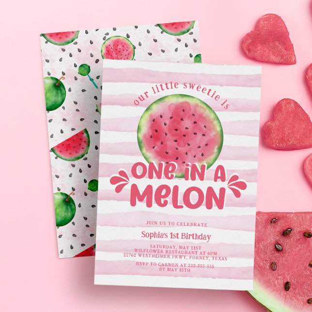 Eine in einem Melon Niedlich Pink Girl 1. Geburtst Einladung (Von Creator hochgeladen)