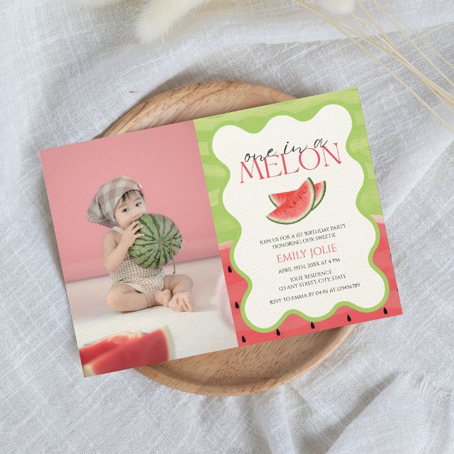 Eine in einem MELON | Rosa grünes Foto 1. Geburtst Einladung (one in a melon 1st birthday invitation with photo)