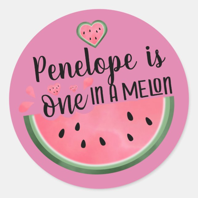 Eine in einem Melon Watermelon Personalisierte Geb Runder Aufkleber (Vorderseite)