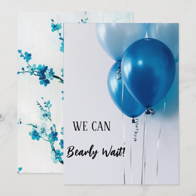 Eine junge Blue Balloon Baby Dusche Einladung. Einladung (Vorne/Hinten)