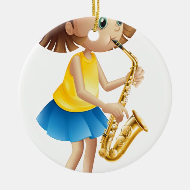 Eine junge Dame, die mit dem Saxophon spielt Keramikornament (Vorne)