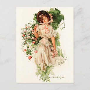 Eine junge Dame pflückt Rosen Postkarte