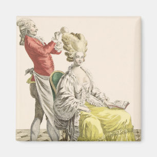 Eine junge Frau in einem Peignoir mit ihrem Magnet