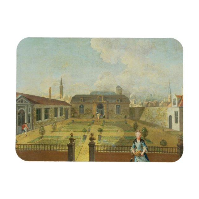 Eine junge Frau mit ihrem Hund vor einem Garten (s Magnet (Horizontal)