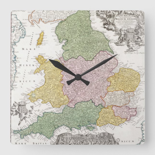 Eine Karte von England | 1760 Quadratische Wanduhr (Vorderseite)