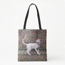 Eine Katze auf dem Mosaiktotenbeutel