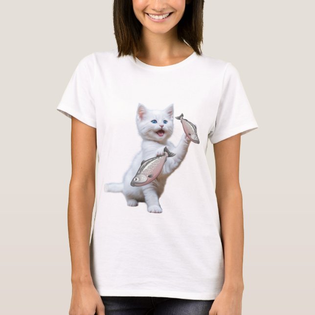 Eine Katze, die Fische in der Hand hält 🖐 und lac T-Shirt (Vorderseite)